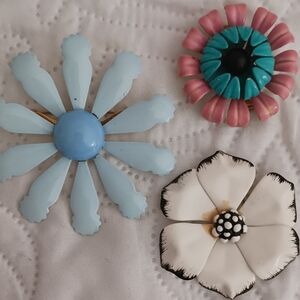 Vintage Floral Enamel Brooches - Blue, Pink/Turquoise & White